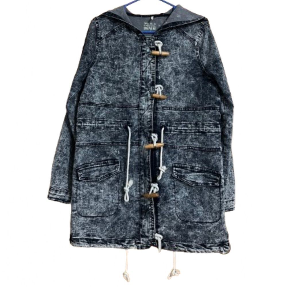 Rare Special A Women’s Blue Denim Hooded  Dress Jacket w/ Toggles at Front Sz-M